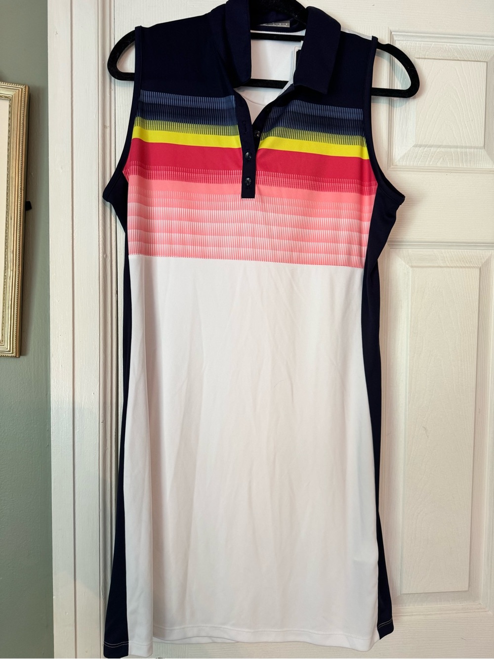 Callaway Sleeveless Polo Dress in Navy, White & Pink Stripes